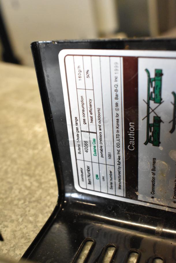 ChefMaster Butane Range label showing model 40066, gas consumption 160 g/h. Multi-language caution visible.