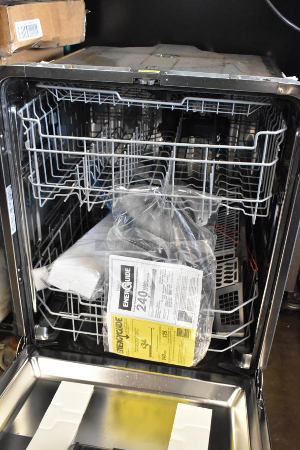 Brand new GE GDF670SYV1FS stainless steel dishwasher, commercial undercounter, 115V, with visible energy guide label.