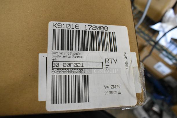 Label on package for Corco set of 2 stackable gravity-feed egg dispenser, red, marked RTV E, with serial number.