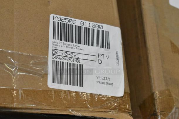 Label on a cardboard box for Copco S/2 Stackable Storage Drawers with removable dividers in blue. Includes barcode and item codes.