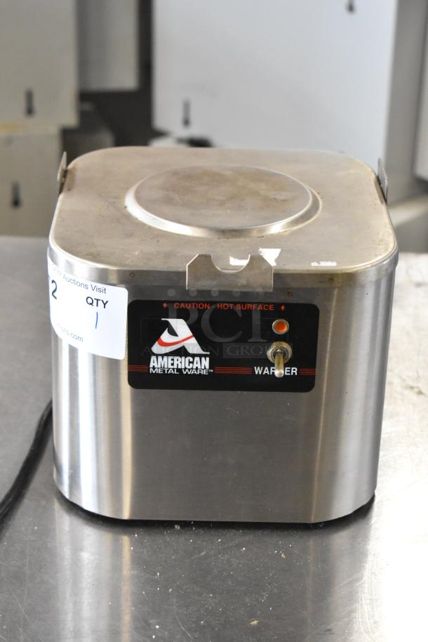 American Metalware Grindmaster CW-1 metal countertop satellite stand, 120V, 1 phase, stainless finish, with caution label.