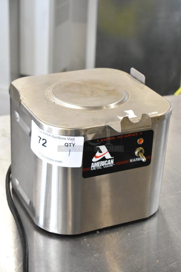 American Metalware Grindmaster CW-1 metal countertop satellite stand, polished finish, 120 volts, 1 phase, caution label visible.