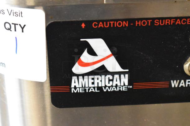 American Metalware Grindmaster CW-1 metal countertop satellite stand, 120 volts, 1 phase, caution hot surface label.
