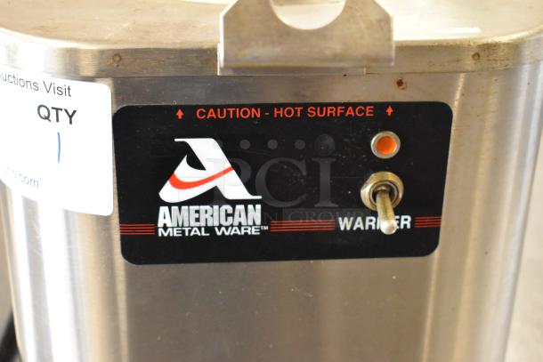American Metalware Grindmaster CW-1 metal countertop satellite stand with warning label, featuring a switch. Runs on 120 volts.