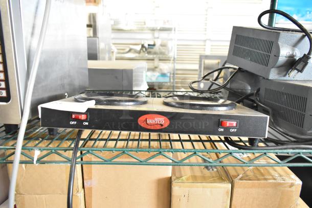 Avantco THP 2 Burner Coffee Pot Warmer, metal, commercial countertop model, 120 volts, labeled "Avantco," on/off switches.