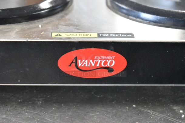 Avantco THP Metal Commercial Coffee Pot Warmer, 2 Burner, Countertop, 120V, 1 Phase, caution label visible.