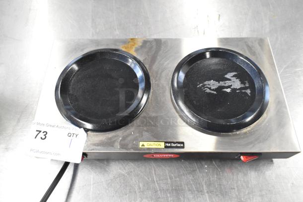 Avantco THP 2-burner coffee pot warmer, metal countertop model. 120V, 1 phase. Visible wear and caution label.