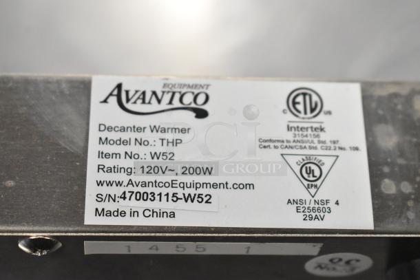 Avantco THP Commercial Coffee Pot Warmer, 2 Burners, Metal, 120V, Model THP, ETL Certified Label Displayed.