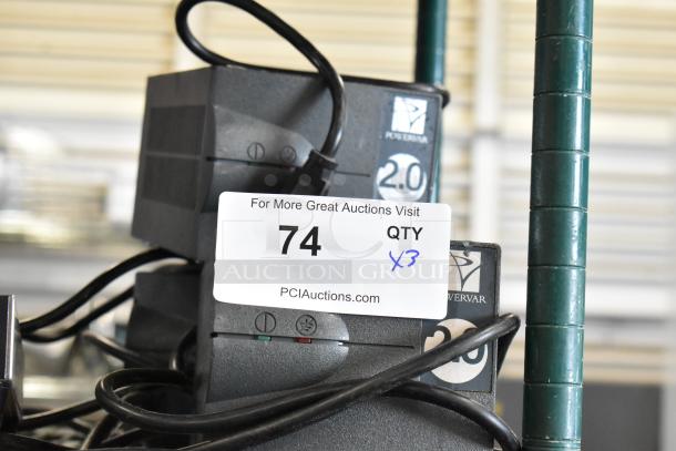Three Powervar power conditioners, 120V, 1-phase, in used condition with visible brand logo and auction tag indicating quantity of 3.