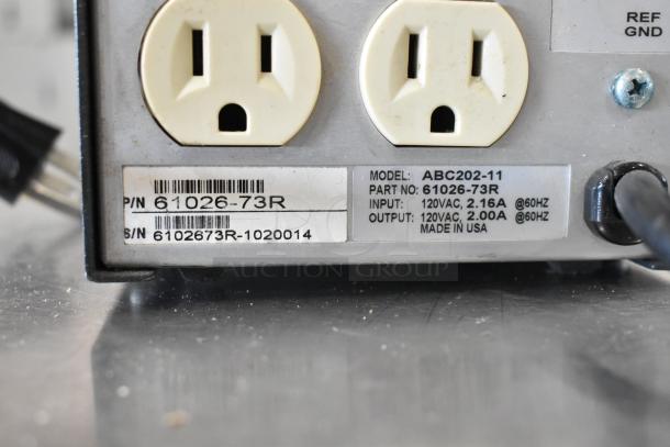 Powervar Power Conditioner, Model ABC202-11, 120V, 1 Phase. Features outlets and labeled specifications. Made in USA.