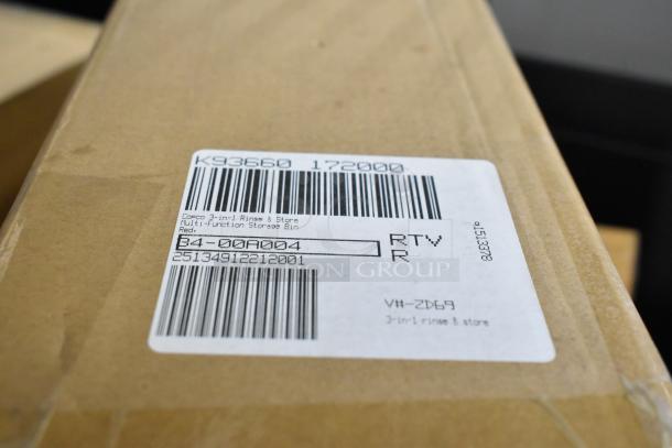 Cardboard box with white label, showing barcodes and text for "Cocco 3-in-1 Rinse & Store" multi-function bin, red.