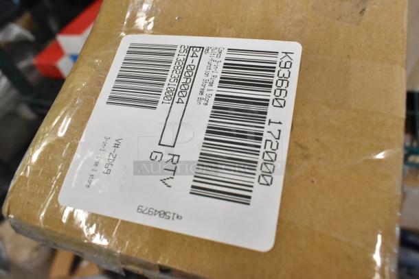 Cardboard box labeled with barcode, package details, and model info. Includes Sabatier potato ricer blade, stackable egg dispensers.