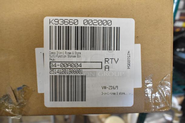Five boxes of new Copco Rinse and Store Multi-Function Storage Bins in gray, red, aqua; labeled on box.