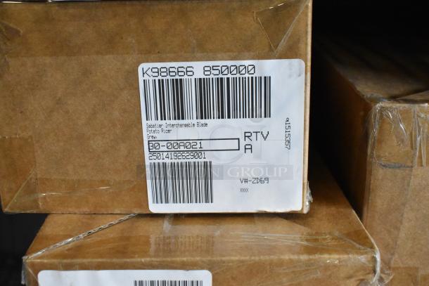 Six boxes of brand new Copco Rinse and Store Multi Function Storage Bin with Interchangeable Blade for Potato Ricer. Label shows model details.