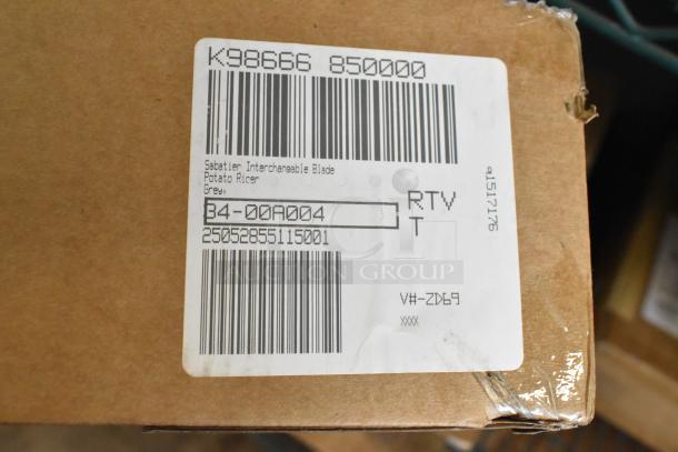 6 new Copco Rinse & Store bins with Sabatier interchangeable potato ricer blades. Box label shows model and barcode.