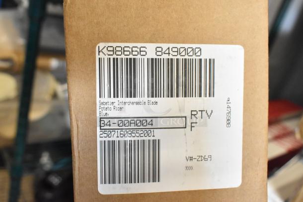 6 Boxes of new Copco Rinse and Store Multi Function Storage Bins with interchangeable blades for potato ricer. Box label shown.