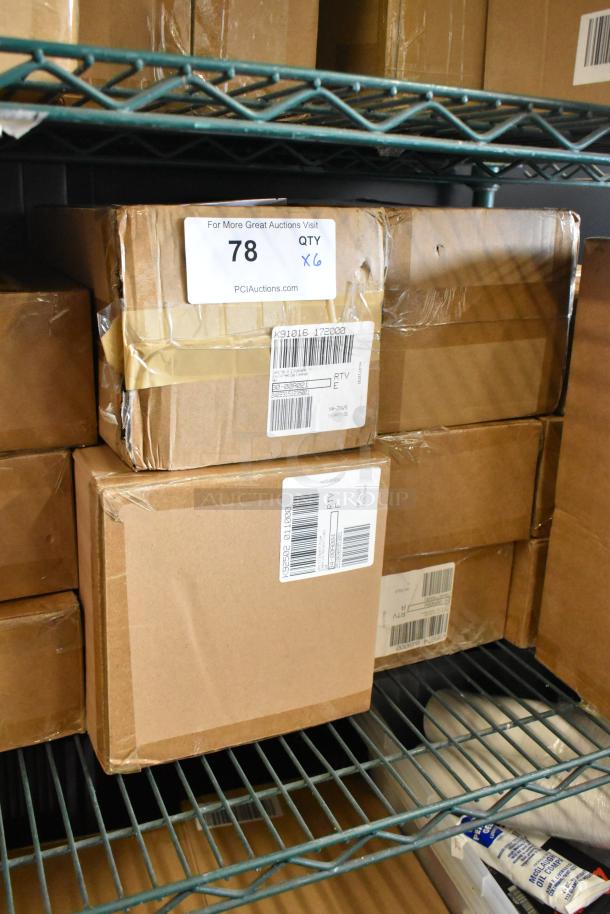 Five boxes of brand new items on shelves, including stackable egg dispenser, storage drawers, and titanium coated shears.