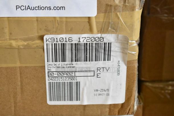 Cardboard box with a label for Corco set of 2 stackable gravity-feed egg dispensers. Auction items include storage drawers and titanium shears.