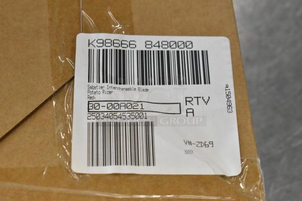 Cardboard box with label displaying barcode and text: "Sabatier Interchangeable Blade Potato Ricer, Red."