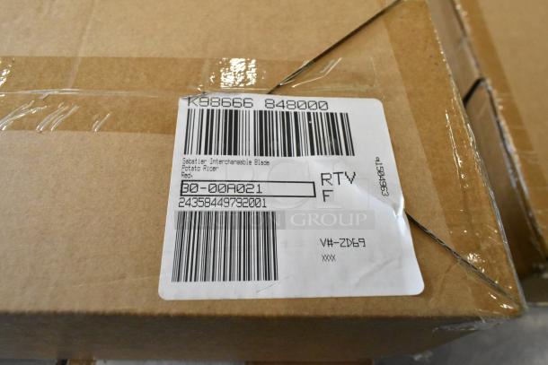 Four boxes labeled with Sabatier Interchangeable Blade for Potato Ricer, red, appear brand new with sealed packaging.