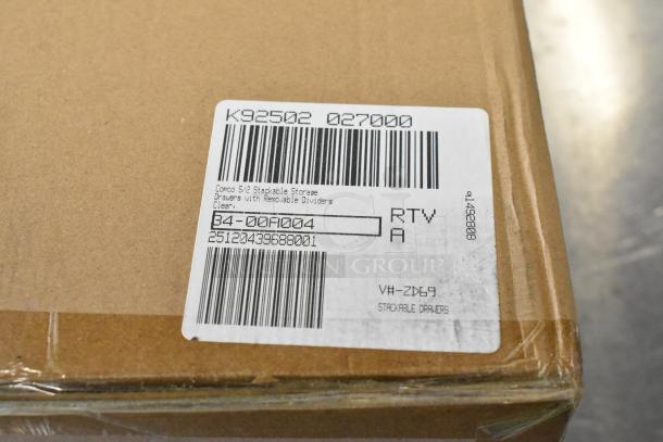 Box with label showing brand new stackable storage drawer, product code B4-00A004, clear, with removable dividers.