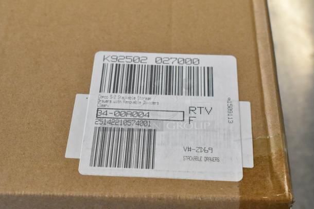 Cardboard box with label for Corco Stackable Storage Drawers, removable dividers, clear color, item code B4-00A004.