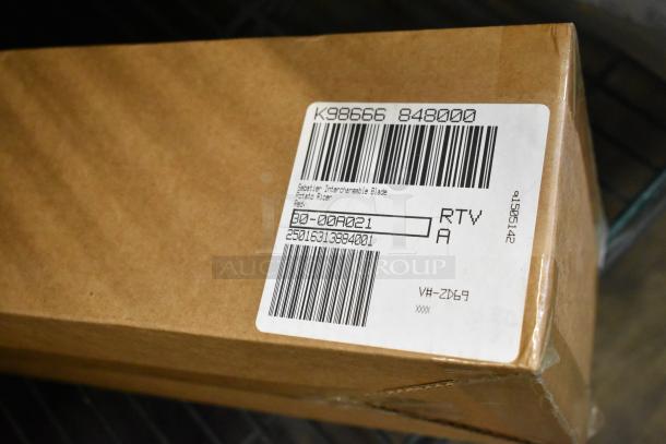 9 boxes of new items including stackable storage drawer, egg dispenser, potato ricer blade. Box label reads "Salter Interchangeable Blade."