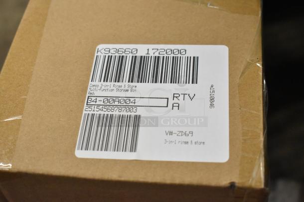 Cardboard box with a label, showing details like "Copco 3-in-1 Rinse & Store Multi-Function Storage Bin, Red," and barcodes.