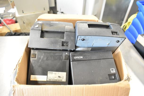 Box of six Epson receipt printers, varying models, in used condition. Visible labels show model TM-T20II.