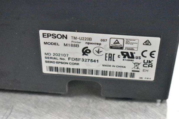Epson TM-U220B receipt printer, model M188B, serial no. FD5F327541, label with certification marks, made in China.