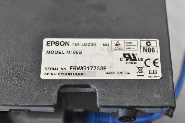 Epson TM-U220B receipt printer label, Model M188B, Serial No. F6WG177336, Seiko Epson Corp, made in China.