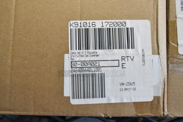 Barcode label on a box for a Copco set of 2 stackable gravity-feed egg dispensers, red, item number 80-00R021.
