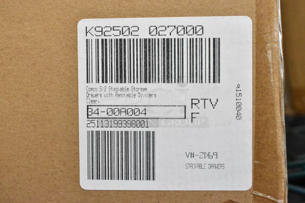 Label on cardboard box showing barcode and text: "Copco S/2 Stackable Storage Drawers with Removable Dividers, Clear."