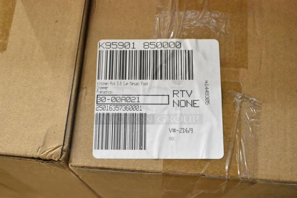 Cardboard box with label showing KitchenAid 3.8 Cup Manual Food Chopper, pistachio color. New item with product codes visible.
