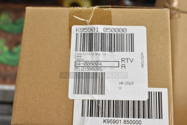 Cardboard box with label for KitchenAid 3.8 cup manual food chopper in pistachio, stackable storage drawer, egg dispenser.