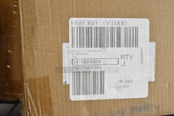Close-up of a cardboard box showing a label for a set of 2 gray stackable egg storage drawers. Model B4-00A004, brand Coco.