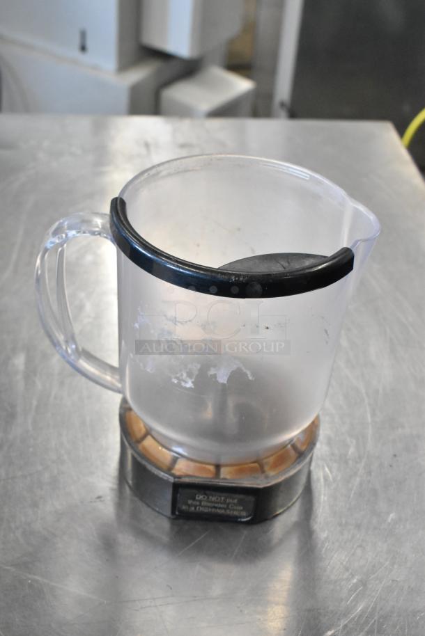 Hamilton Beach 990 countertop blender, missing lid, 115 volts, 1 phase, used condition, no visible damage, label warns against dishwashing.