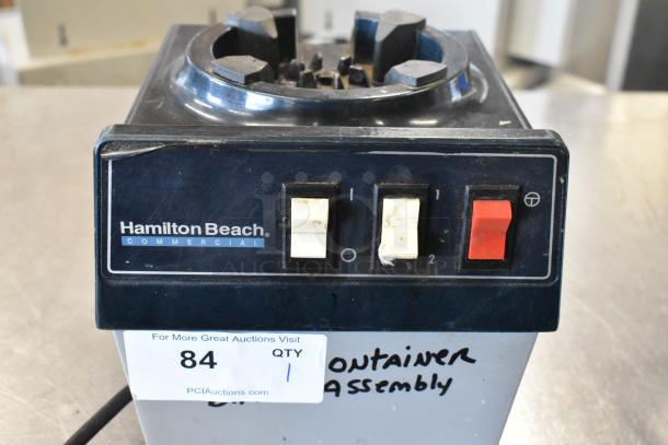 Hamilton Beach 990 Countertop Blender, missing lid, 115 volts, 1 phase. Visible brand logo, front control switches.