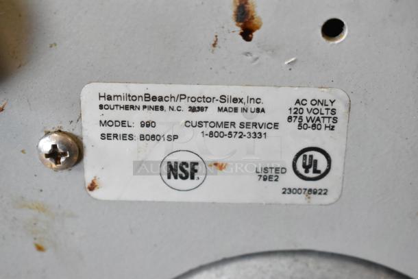 Hamilton Beach 990 Blender label shows model, series, and electrical specifications. Missing lid. 115 volts, 1 phase.