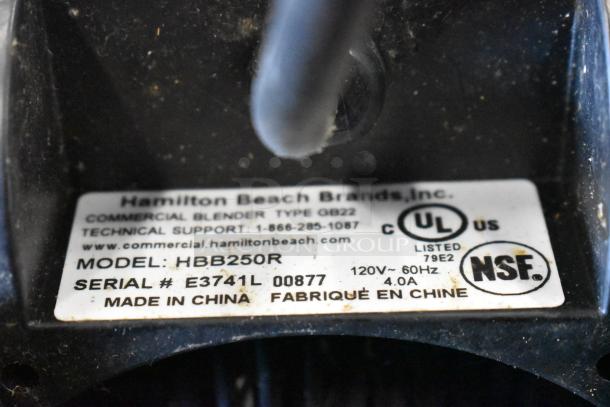 Hamilton Beach blender base tag, model HBB250R, 120V, UL and NSF certified. Serial # E3741L 00877. Made in China.