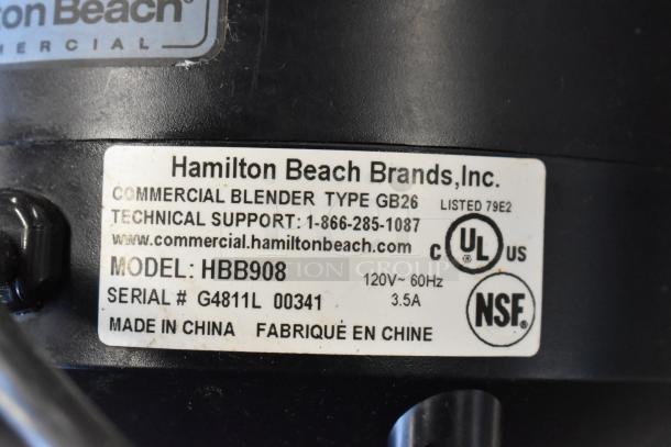 Hamilton Beach blender base label; model HBB908, type GB26, 115V. Includes UL and NSF certifications, made in China.