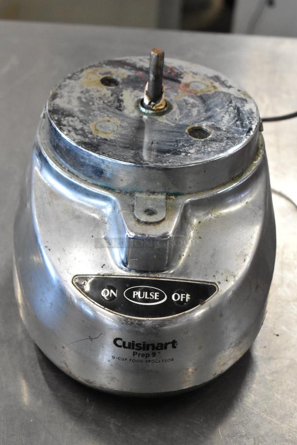 Cuisinart Prep 9 food processor base, stainless, used condition, with "ON," "PULSE," "OFF" controls visible.