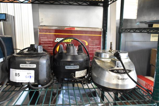 Four kitchen appliance bases: 2 Hamilton Beach, 1 Cuisinart, and Nemco 6135-SUB food warmer. Electric, 115V, 1 phase.