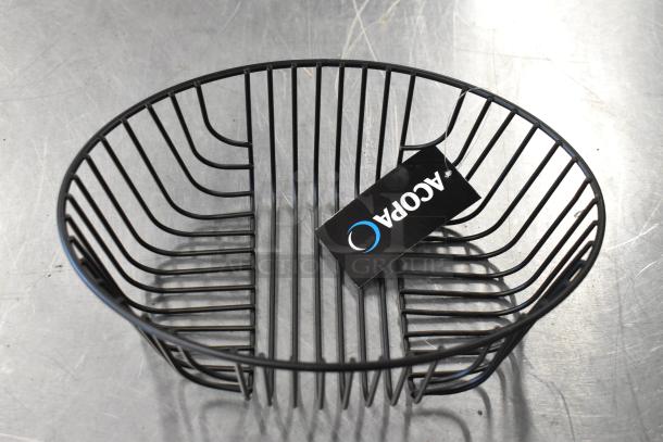 Acopa black metal wire basket with label; auction includes two boxes with Dinex 6 oz. clear SAN plastic bowls.