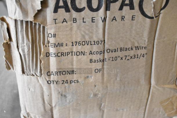 Cardboard box labeled Acopa Tableware, containing 24 black wire baskets, model 176OVL1073, with dimensions 10"x7"x3.25".