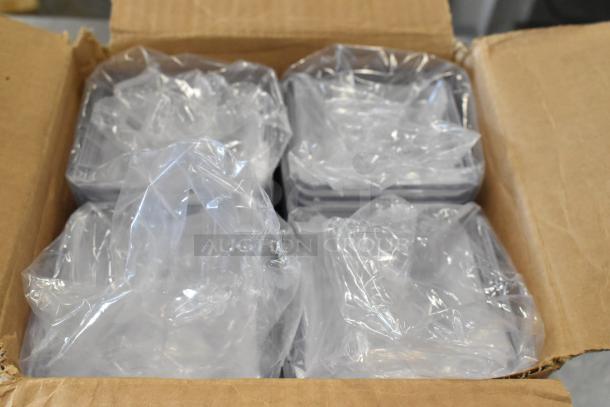 Two boxes with Acopa 176OVL1073 black metal wire baskets and Dinex 310DXSB607 6 oz. clear SAN plastic bowls.