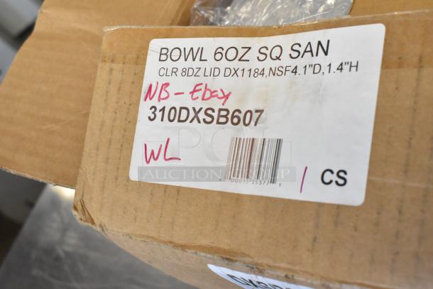 Cardboard box labeled "Bowl 6oz Sq SAN" with model 310DXSB607. Includes Acopa 176OVL1073 wire baskets. Appears in good condition.