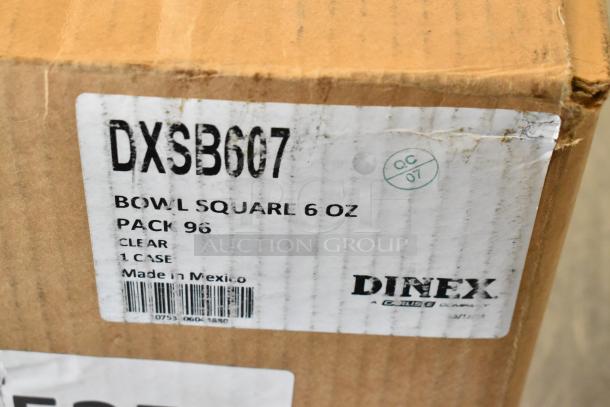 Cardboard box labeled "DXSB607 Bowl Square 6 oz, Pack 96, Clear, 1 Case, Made in Mexico," with Dinex branding.