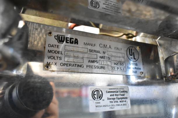 Wega Atlas LPUS commercial espresso machine tag, 3 group, 230 volts, 17.5 amps, 22 PSI, C.M.A. Italy manufacture. UL listed.