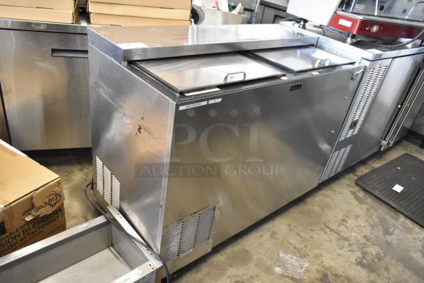 Perlick BC48-1 bottle cooler, stainless steel, 2 sliding lids, on commercial casters, 115V, 1 phase, some surface wear.